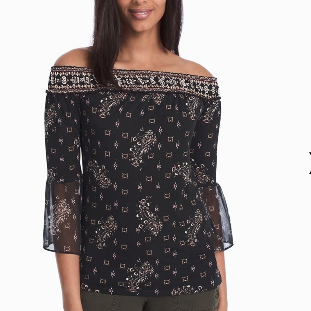 192. White House Black Market Off-The-Shoulder Printed Top, Size Large